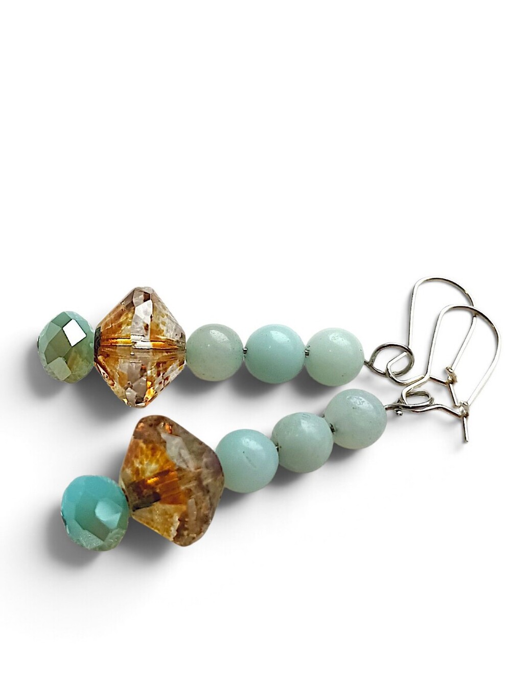 Handcrafted Aqua and Amber Bead Drop Earrings Amazonite Amber Art Glass Crystal